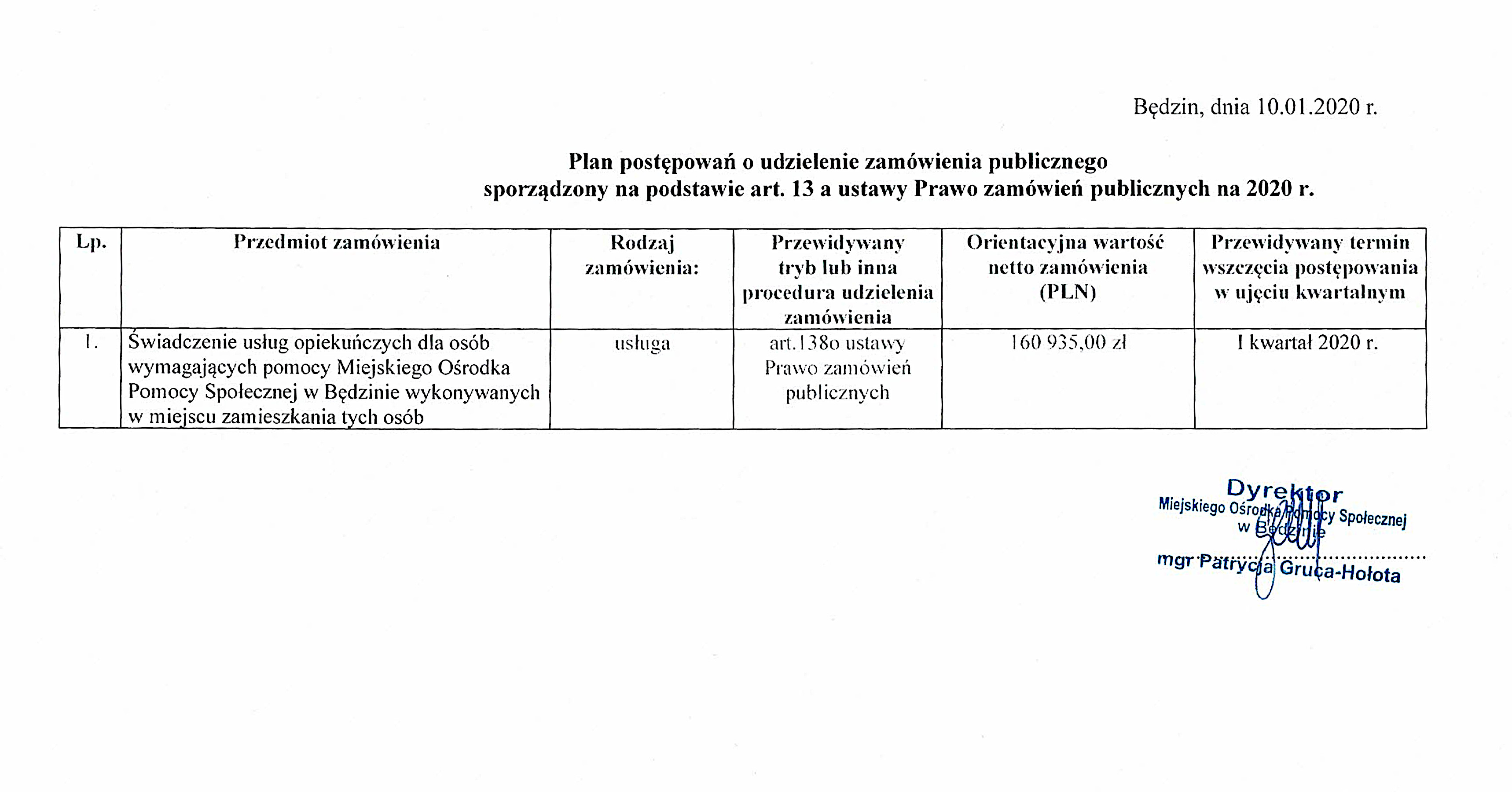 plany zamówień na 2020 rok